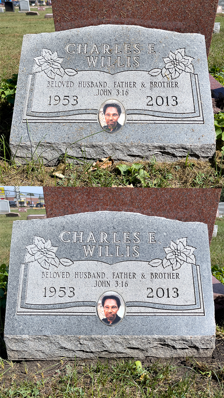 Before and after cleaning of the Charles E. Willis memorial